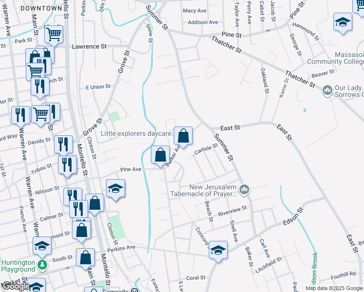 map of restaurants, bars, coffee shops, grocery stores, and more near 47 Parker Avenue in Brockton