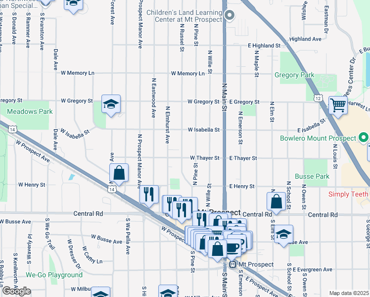 map of restaurants, bars, coffee shops, grocery stores, and more near 207 North Russel Street in Mount Prospect