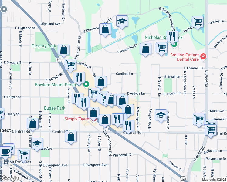 map of restaurants, bars, coffee shops, grocery stores, and more near 904 East Ardyce Lane in Mount Prospect