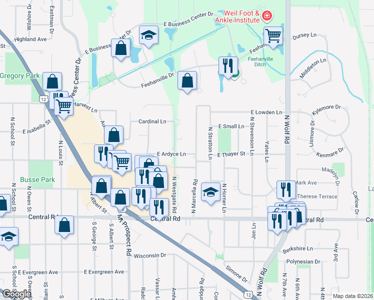 map of restaurants, bars, coffee shops, grocery stores, and more near 1306 East Ardyce Lane in Mount Prospect