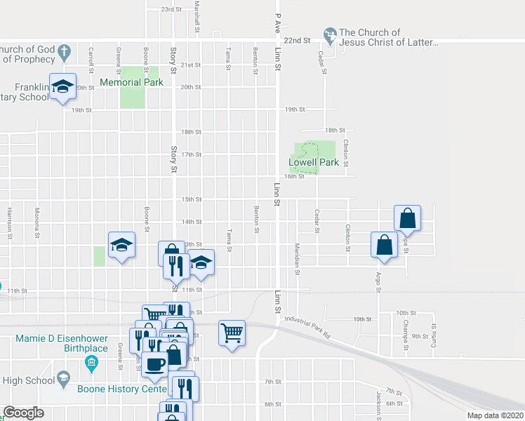 map of restaurants, bars, coffee shops, grocery stores, and more near 1416 Benton Street in Boone
