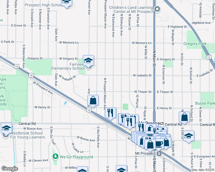 map of restaurants, bars, coffee shops, grocery stores, and more near 206 North Eastwood Avenue in Mount Prospect