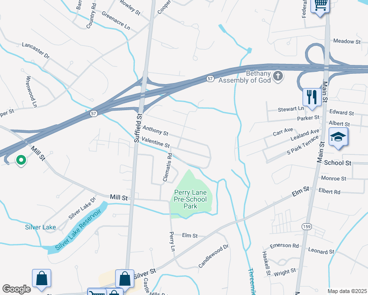 map of restaurants, bars, coffee shops, grocery stores, and more near 91 Valentine Street in Agawam