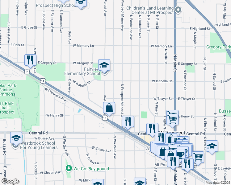 map of restaurants, bars, coffee shops, grocery stores, and more near 207 North Fairview Avenue in Mount Prospect