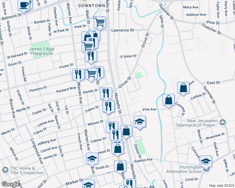 map of restaurants, bars, coffee shops, grocery stores, and more near 744 Montello Street in Brockton