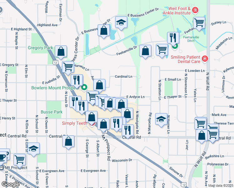 map of restaurants, bars, coffee shops, grocery stores, and more near 1004 East Ardyce Lane in Mount Prospect