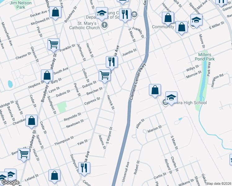 map of restaurants, bars, coffee shops, grocery stores, and more near Oakley Place in Elmira