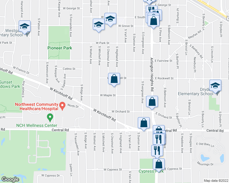 map of restaurants, bars, coffee shops, grocery stores, and more near 738 South Highland Avenue in Arlington Heights