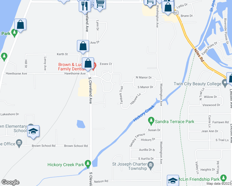 map of restaurants, bars, coffee shops, grocery stores, and more near 2616 Tanbark Trail in St. Joseph