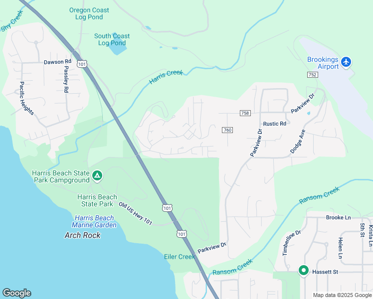 map of restaurants, bars, coffee shops, grocery stores, and more near 1410 Glenwood Drive in Brookings