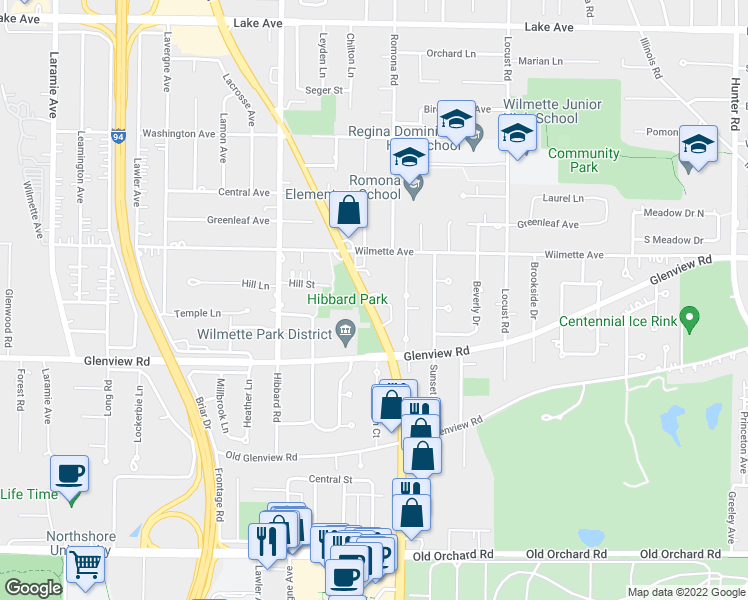 map of restaurants, bars, coffee shops, grocery stores, and more near 338 Skokie Court in Wilmette