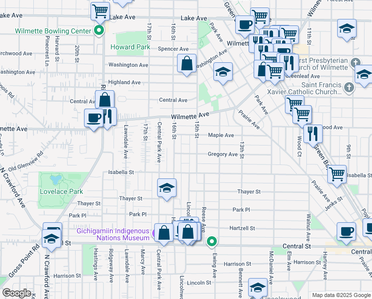 map of restaurants, bars, coffee shops, grocery stores, and more near 1516 Gregory Avenue in Wilmette