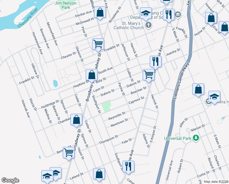 map of restaurants, bars, coffee shops, grocery stores, and more near 713 Dubois St in Elmira
