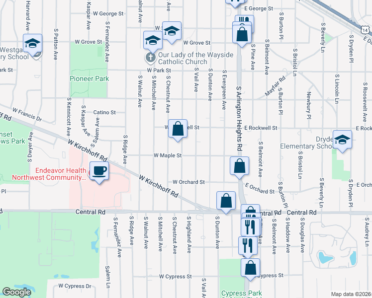 map of restaurants, bars, coffee shops, grocery stores, and more near 738 South Highland Avenue in Arlington Heights