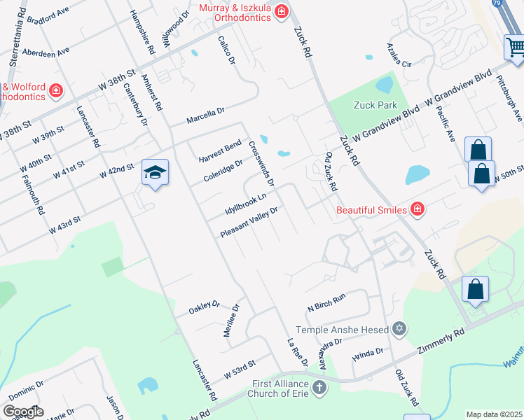 map of restaurants, bars, coffee shops, grocery stores, and more near 2932 Pleasant Valley Drive in Erie