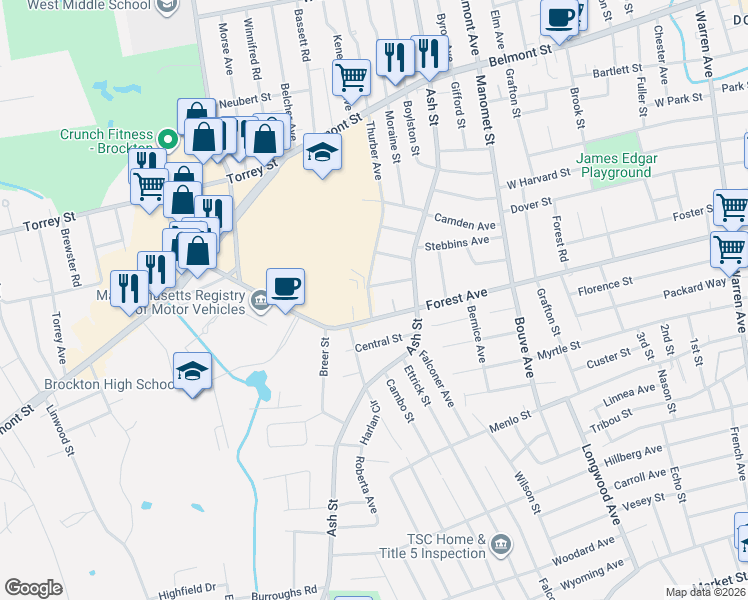 map of restaurants, bars, coffee shops, grocery stores, and more near 11 Othello Street in Brockton