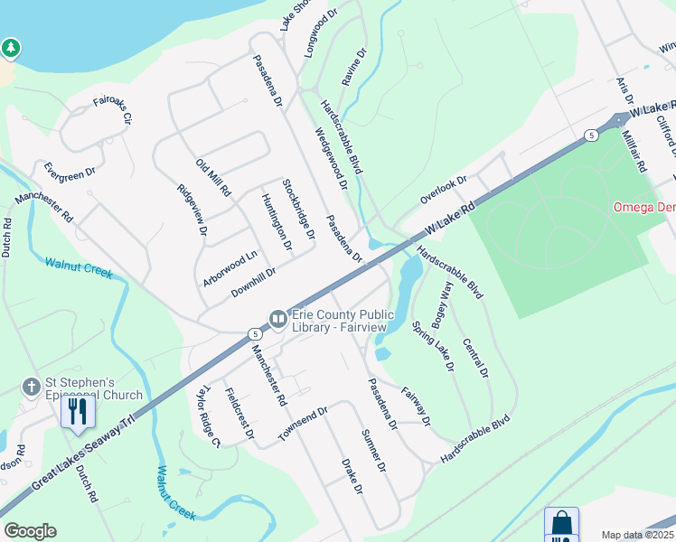 map of restaurants, bars, coffee shops, grocery stores, and more near 6214 West Lake Road in Erie