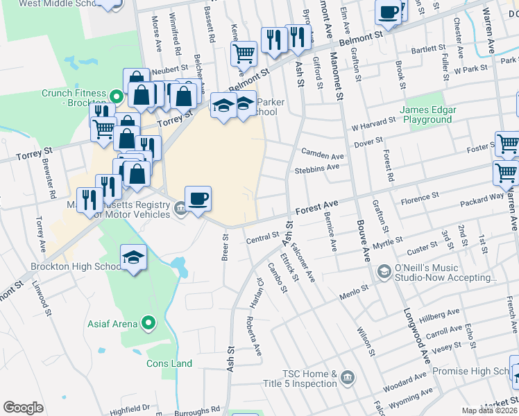 map of restaurants, bars, coffee shops, grocery stores, and more near 11 Othello Street in Brockton
