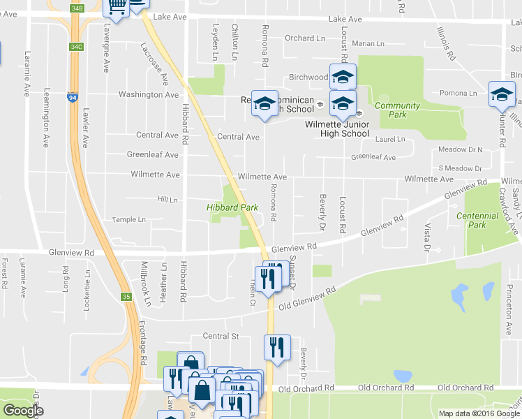 map of restaurants, bars, coffee shops, grocery stores, and more near 350 Skokie Court in Wilmette
