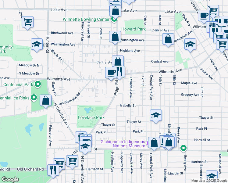 map of restaurants, bars, coffee shops, grocery stores, and more near 305 Ridge Road in Wilmette