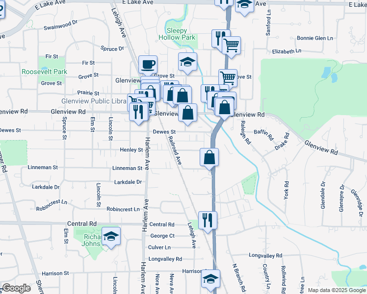 map of restaurants, bars, coffee shops, grocery stores, and more near 1756 Henley Street in Glenview