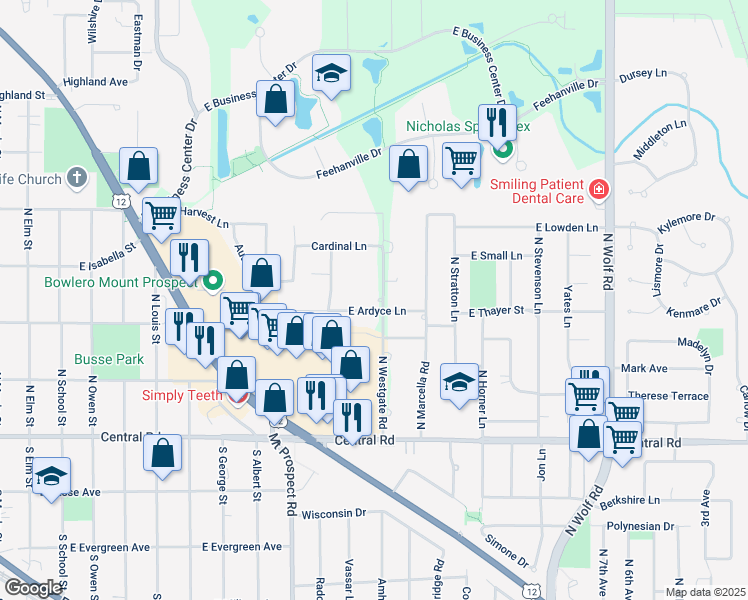map of restaurants, bars, coffee shops, grocery stores, and more near 202 North Westgate Road in Mount Prospect