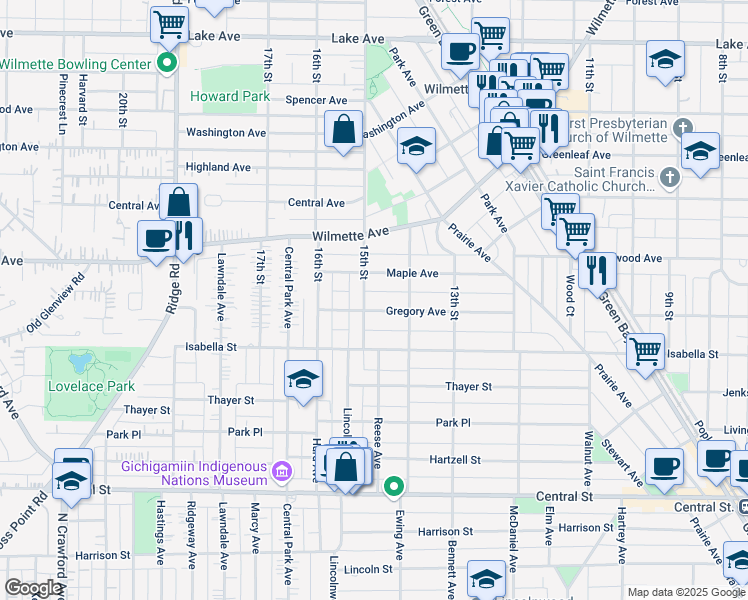 map of restaurants, bars, coffee shops, grocery stores, and more near 1428 Gregory Avenue in Wilmette