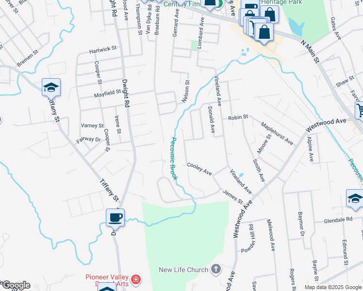 map of restaurants, bars, coffee shops, grocery stores, and more near 53 Avery Street in East Longmeadow