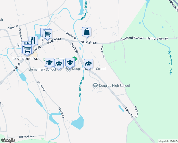 map of restaurants, bars, coffee shops, grocery stores, and more near 33 Davis Street in Douglas