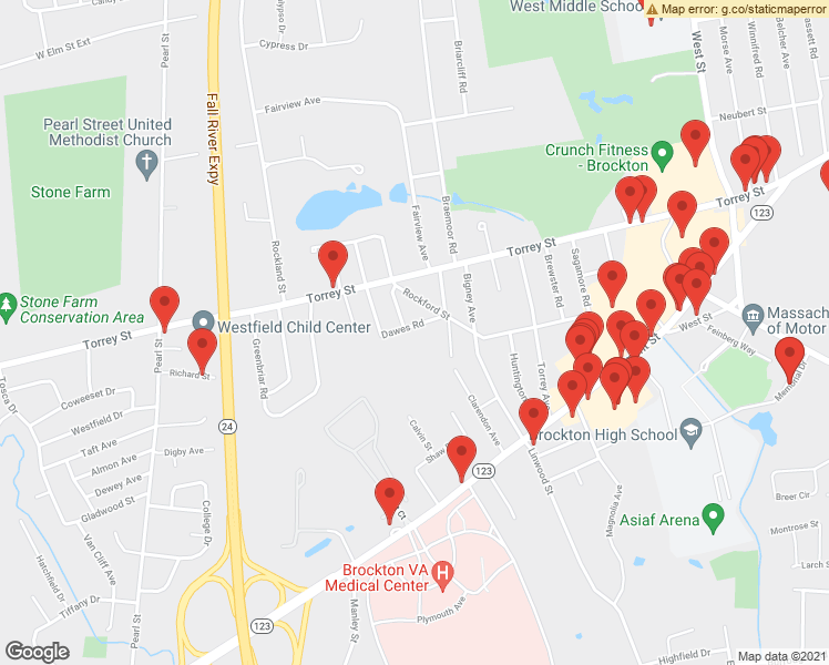 map of restaurants, bars, coffee shops, grocery stores, and more near 26 Dawes Road in Brockton