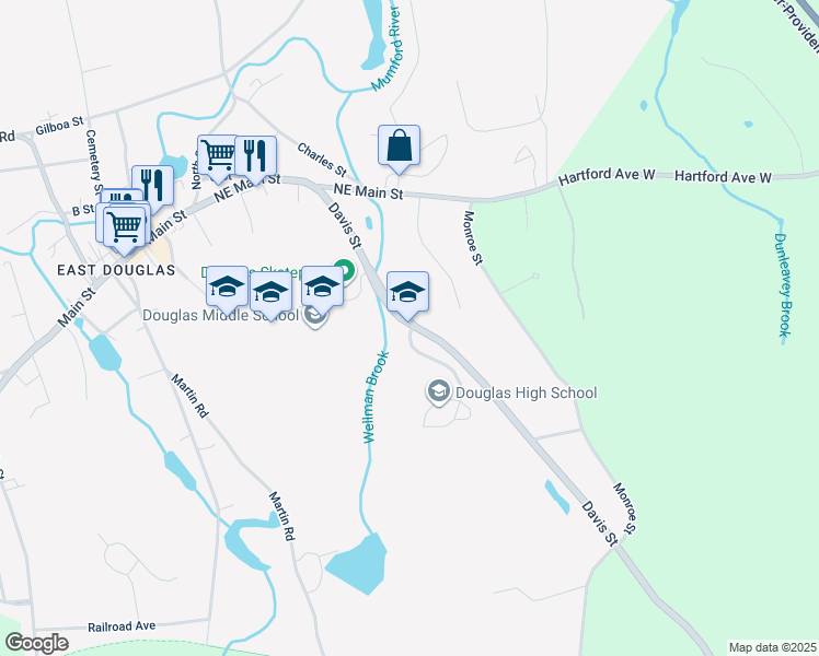 map of restaurants, bars, coffee shops, grocery stores, and more near 33 Davis Street in Douglas