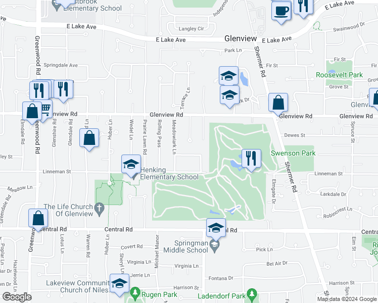 map of restaurants, bars, coffee shops, grocery stores, and more near 2732 Brassie Drive in Glenview