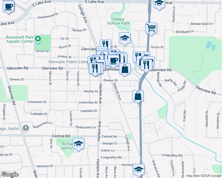 map of restaurants, bars, coffee shops, grocery stores, and more near 1804 Henley Street in Glenview