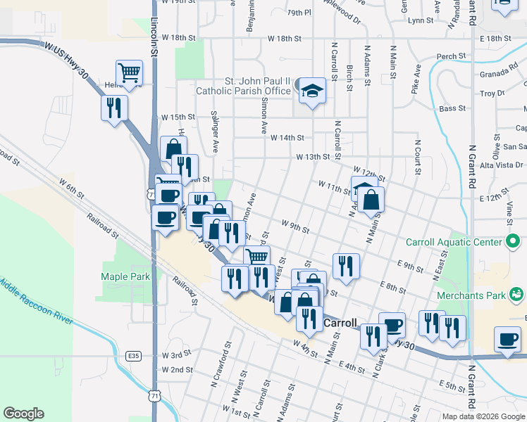 map of restaurants, bars, coffee shops, grocery stores, and more near 510 West 9th Street in Carroll