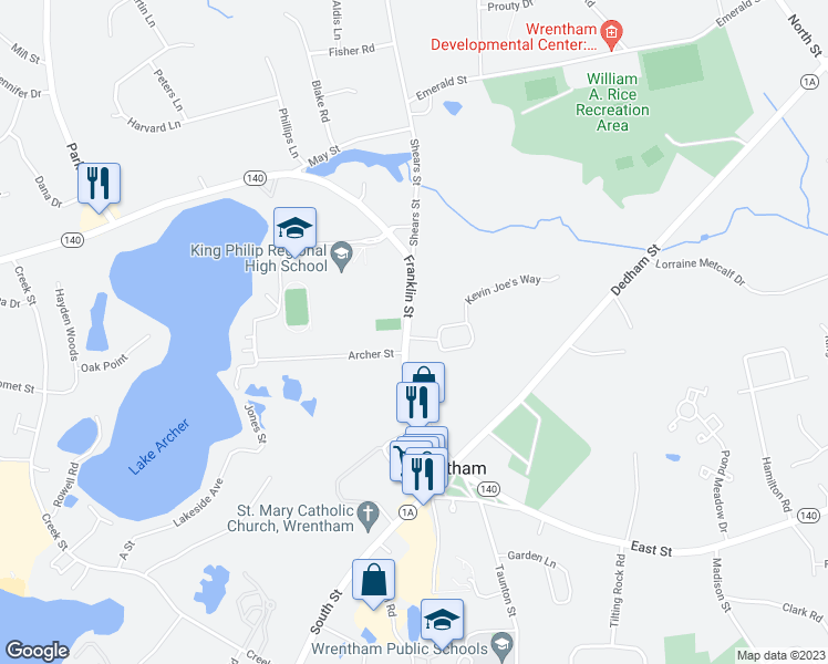 map of restaurants, bars, coffee shops, grocery stores, and more near 112 Franklin Street in Wrentham