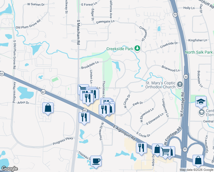 map of restaurants, bars, coffee shops, grocery stores, and more near 110 Briarwood Lane in Palatine
