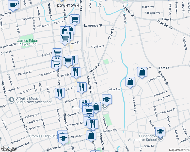 map of restaurants, bars, coffee shops, grocery stores, and more near 33 Grove Avenue in Brockton