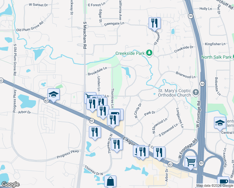 map of restaurants, bars, coffee shops, grocery stores, and more near 110 Briarwood Lane in Palatine