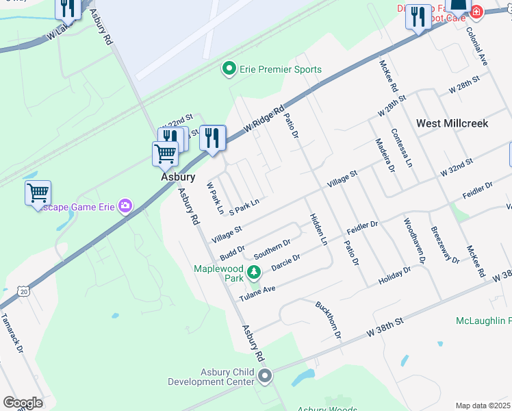 map of restaurants, bars, coffee shops, grocery stores, and more near 4513 South Park Lane in Erie