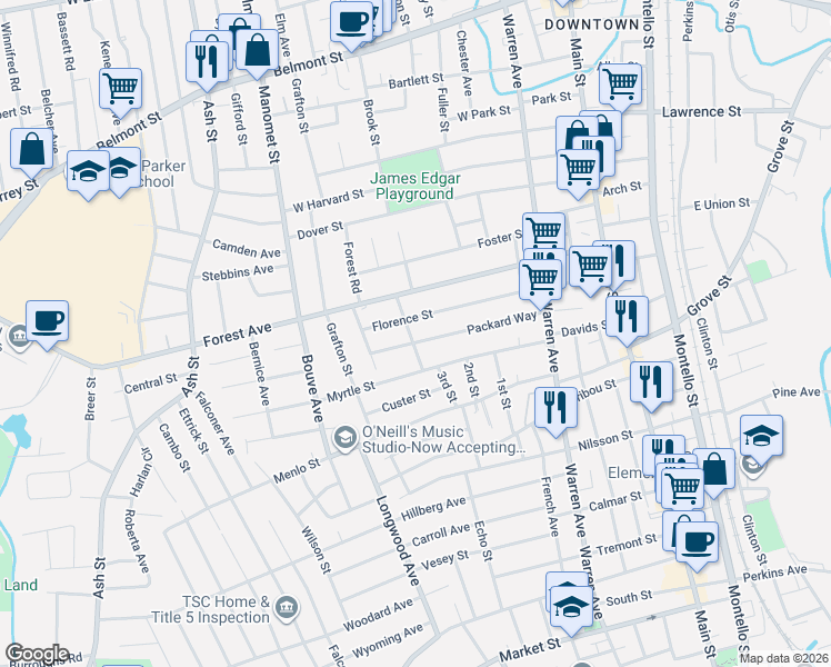 map of restaurants, bars, coffee shops, grocery stores, and more near 35 Blaine Street in Brockton