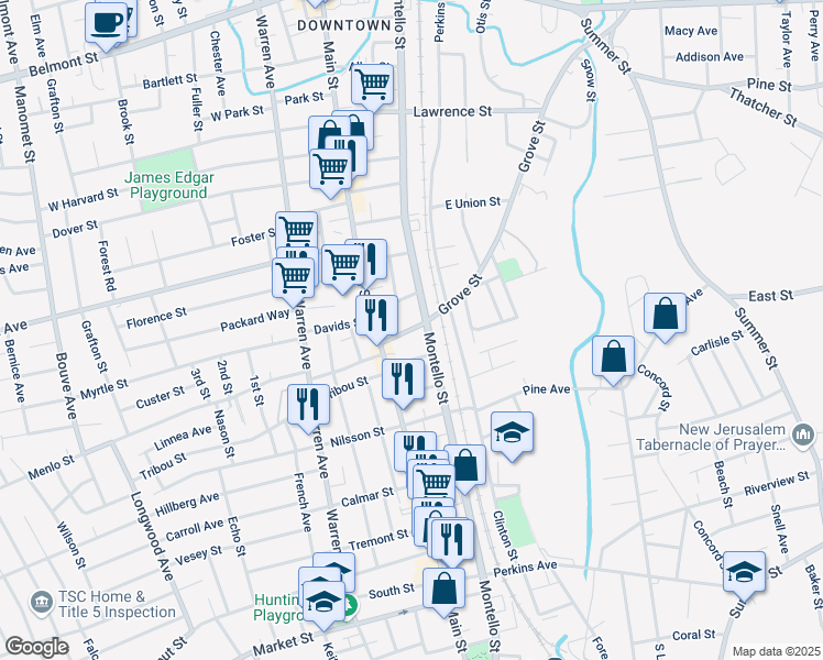 map of restaurants, bars, coffee shops, grocery stores, and more near 27 Grove Street in Brockton