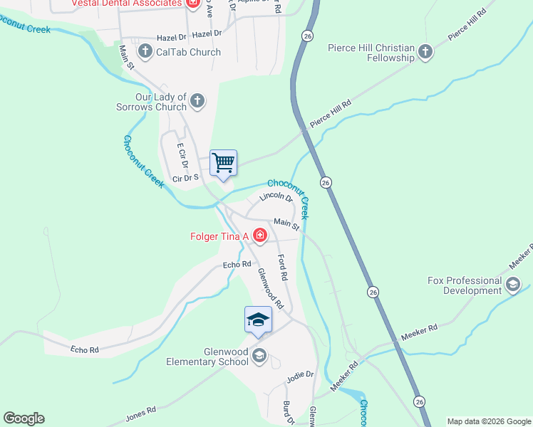 map of restaurants, bars, coffee shops, grocery stores, and more near 1013 Main Street in Vestal