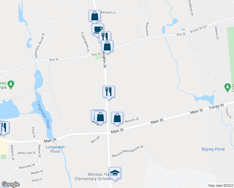 map of restaurants, bars, coffee shops, grocery stores, and more near 244 Washington Street in Easton