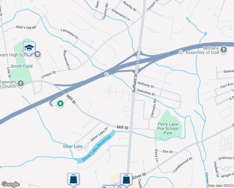 map of restaurants, bars, coffee shops, grocery stores, and more near 17 Mansion Woods Drive in Agawam