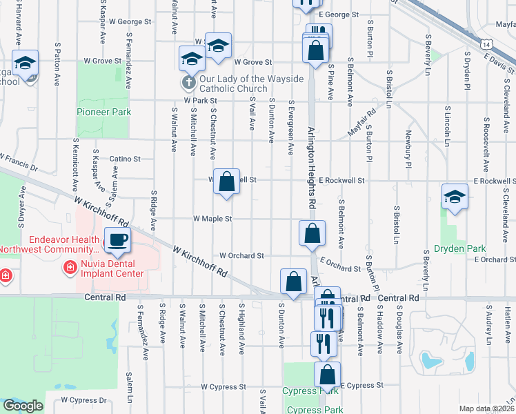 map of restaurants, bars, coffee shops, grocery stores, and more near 737 South Vail Avenue in Arlington Heights