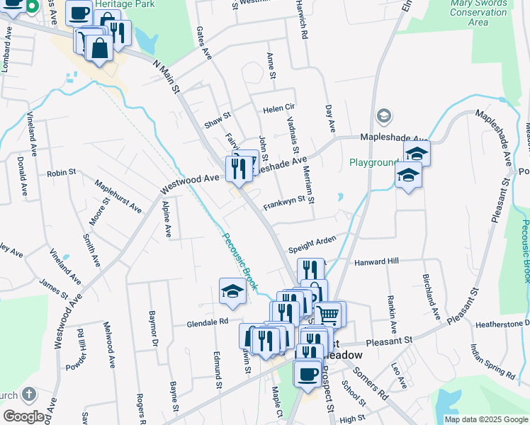 map of restaurants, bars, coffee shops, grocery stores, and more near 151 North Main Street in East Longmeadow