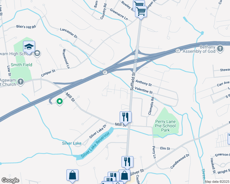 map of restaurants, bars, coffee shops, grocery stores, and more near 20f Mansion Woods Drive in Agawam