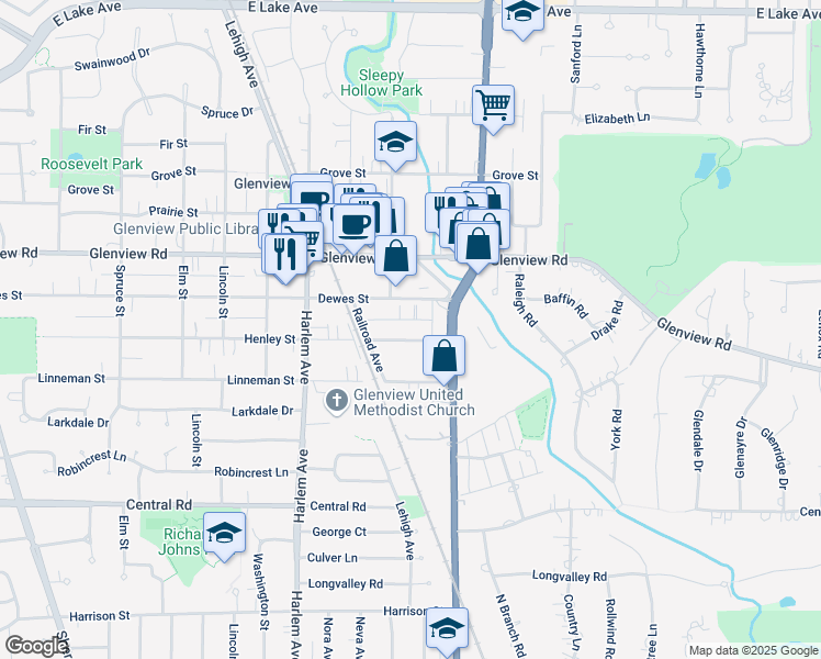 map of restaurants, bars, coffee shops, grocery stores, and more near 1734 Henley Street in Glenview