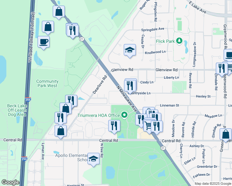 map of restaurants, bars, coffee shops, grocery stores, and more near 10410 Michael Todd Terrace in Glenview