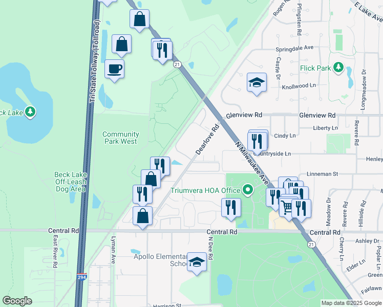 map of restaurants, bars, coffee shops, grocery stores, and more near 4176 Dearlove Road in Glenview